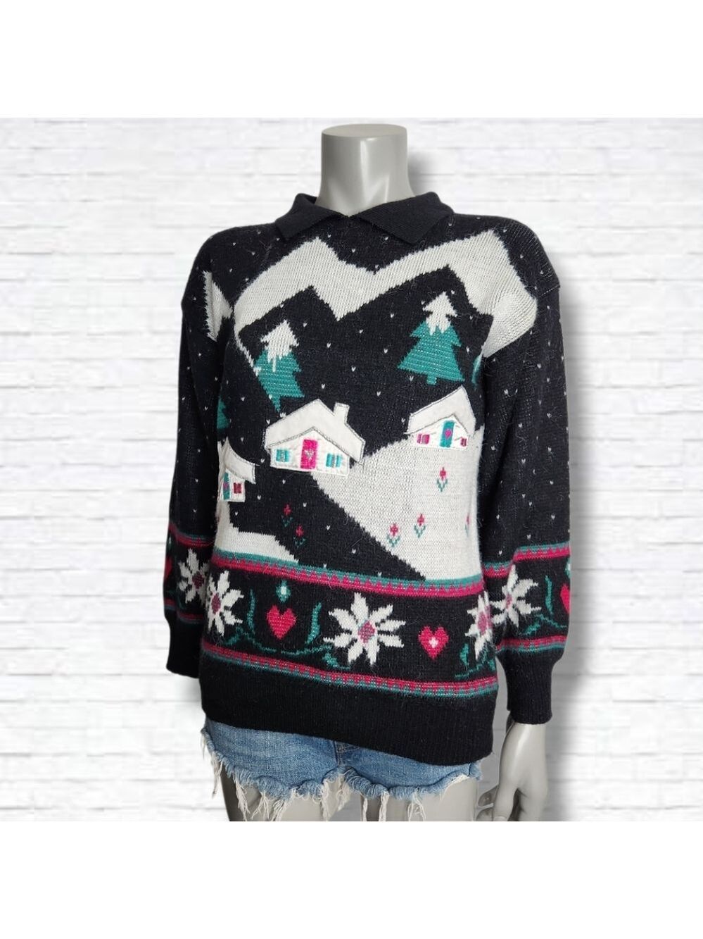 Vintage Barbra Sue Tacky Christmas Holiday Collar Knit Sweater Size S/M